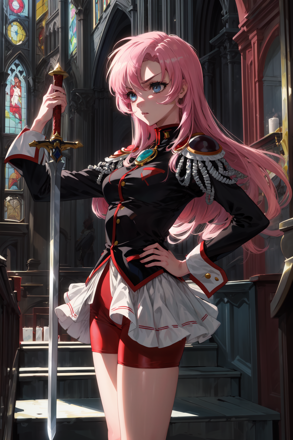 00783-292863464-masterpiece,best quality,1girl,tenjou utena,epaulettes,aiguillette,black jacket,red shorts,red socks,white rose,serious,standing.png